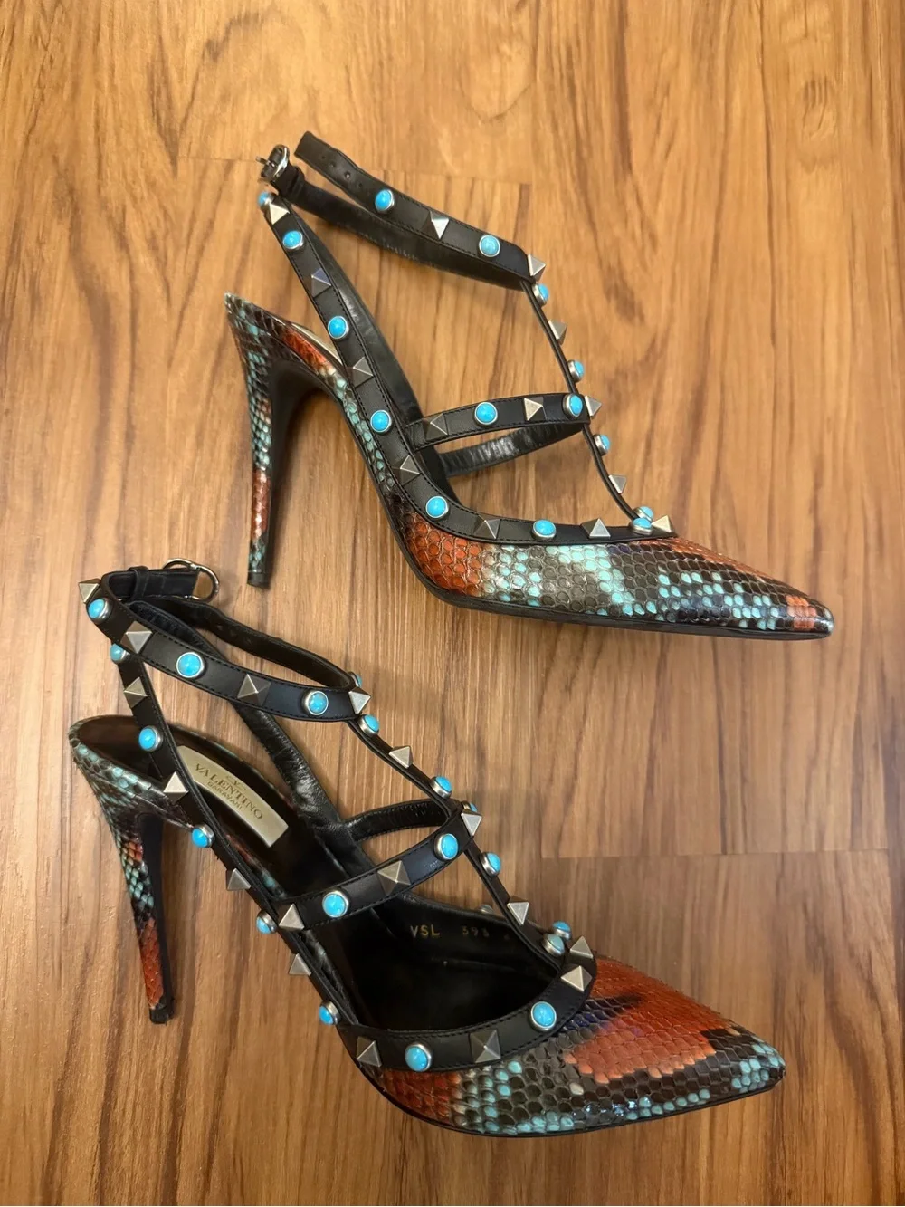 Valentino Garavani Black Studded Multi-Color Python Rockstud Heels 38.5